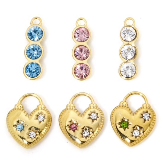 Picture of Eco-friendly Vacuum Plating 304 Stainless Steel Birthstone Charms Gold Plated Heart Lock Multicolor Rhinestone