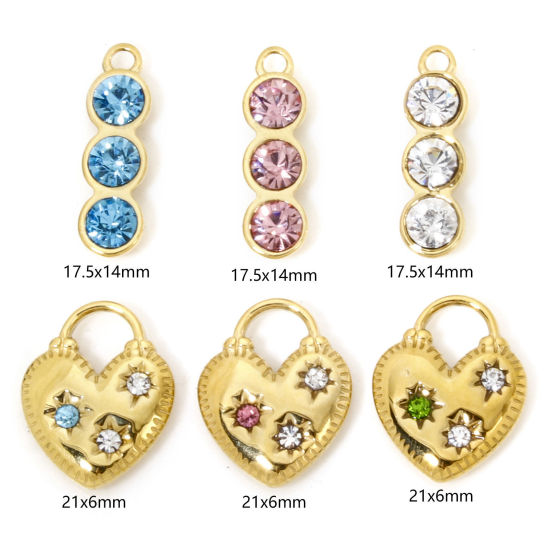 Picture of Eco-friendly Vacuum Plating 304 Stainless Steel Birthstone Charms Gold Plated Heart Lock Multicolor Rhinestone