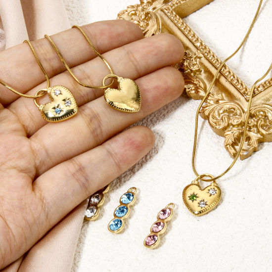 Picture of Eco-friendly Vacuum Plating 304 Stainless Steel Birthstone Charms Gold Plated Heart Lock Multicolor Rhinestone