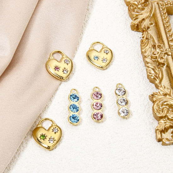 Picture of Eco-friendly Vacuum Plating 304 Stainless Steel Birthstone Charms Gold Plated Heart Lock Multicolor Rhinestone