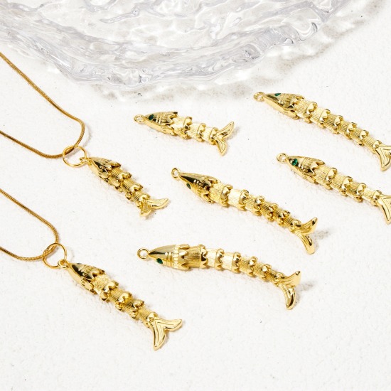 Picture of Brass Ocean Jewelry Pendants Real Gold Plated Fish Animal Movable Green Cubic Zirconia