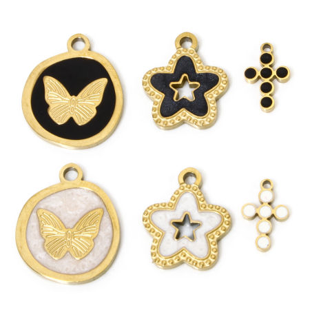 Vacuum Plating 304 Stainless Steel Religious Charms Gold Plated Multicolor Cross Round Enamel