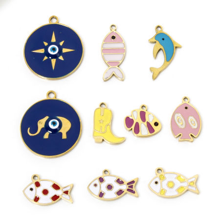 Picture of Vacuum Plating 304 Stainless Steel Ocean Jewelry Charms Gold Plated Multicolor Fish Animal Enamel