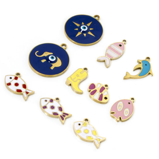 Bild von 2 Stück Vakuumbeschichtung 304 Edelstahl Ozean Schmuck Charms Fisch Vergoldet Bunt Emaille