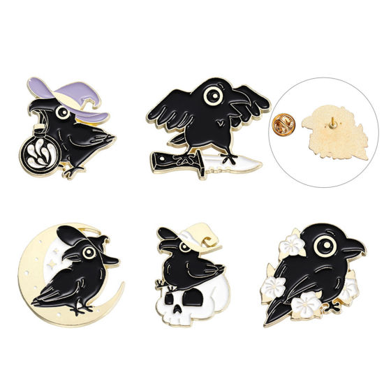 Picture of Punk Pin Brooches Crow Bird Halloween Ghost Gold Plated Black Enamel