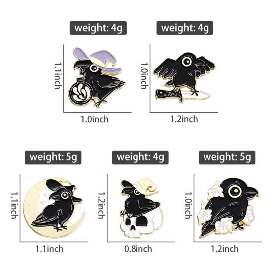 Picture of Punk Pin Brooches Crow Bird Halloween Ghost Gold Plated Black Enamel