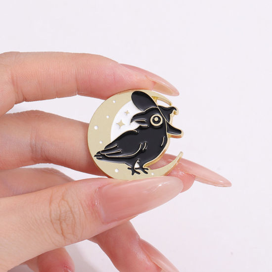 Picture of Punk Pin Brooches Crow Bird Halloween Ghost Gold Plated Black Enamel