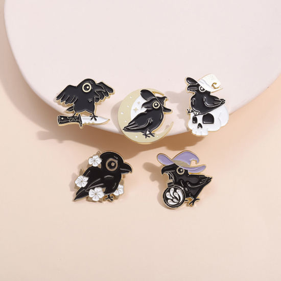 Picture of Punk Pin Brooches Crow Bird Halloween Ghost Gold Plated Black Enamel