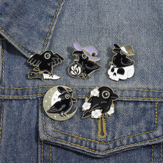 Picture of Punk Pin Brooches Crow Bird Halloween Ghost Gold Plated Black Enamel