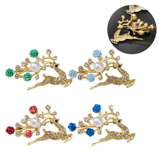 Picture of Elegant Pin Brooches Christmas Reindeer Flower Gold Plated Multicolor Imitation Pearl