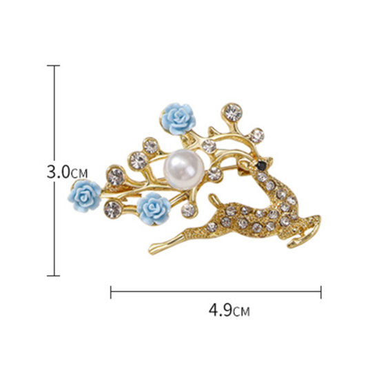 Picture of Elegant Pin Brooches Christmas Reindeer Flower Gold Plated Multicolor Imitation Pearl