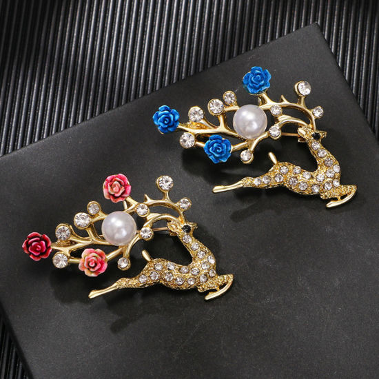 Picture of Elegant Pin Brooches Christmas Reindeer Flower Gold Plated Multicolor Imitation Pearl