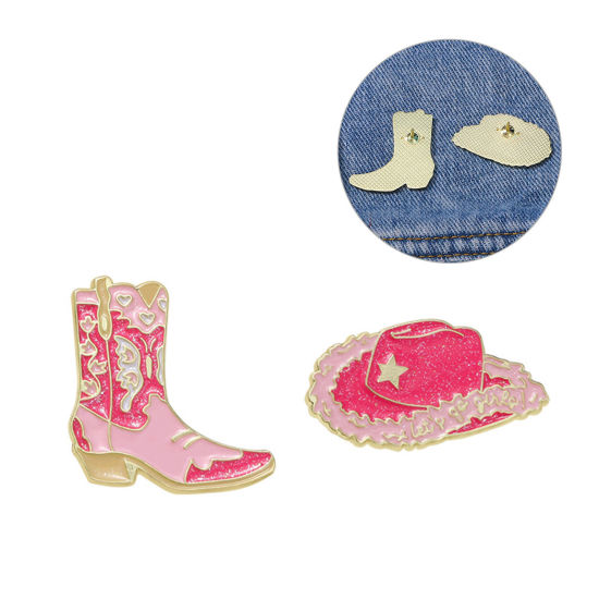 Picture of West Cowboy Pin Brooches Boots Heart Gold Plated Pink Enamel