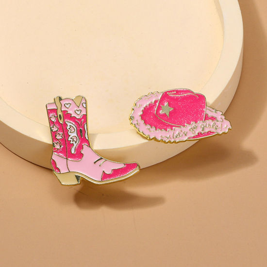 Picture of West Cowboy Pin Brooches Boots Heart Gold Plated Pink Enamel