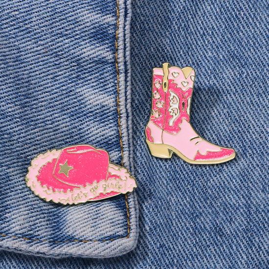 Picture of West Cowboy Pin Brooches Boots Heart Gold Plated Pink Enamel