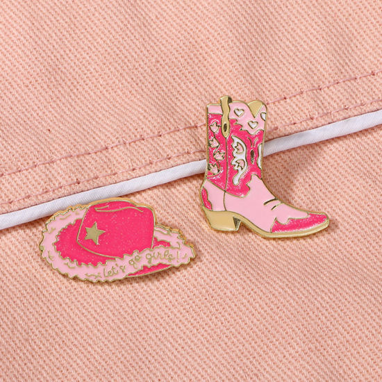 Picture of West Cowboy Pin Brooches Boots Heart Gold Plated Pink Enamel