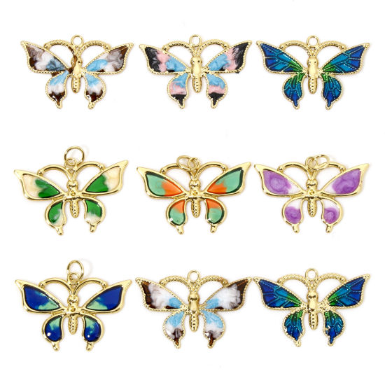 Immagine di 1 Pz Ecologico Ottone Insetto Ciondoli Farfalla 18K Vero Oro Placcato Multicolore Smalto
