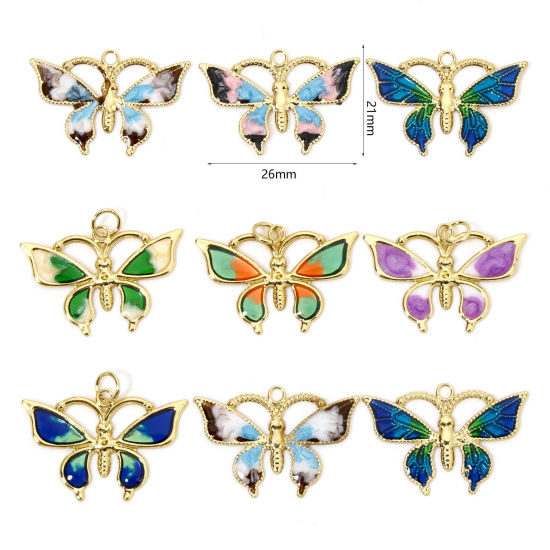 Immagine di 1 Pz Ecologico Ottone Insetto Ciondoli Farfalla 18K Vero Oro Placcato Multicolore Smalto
