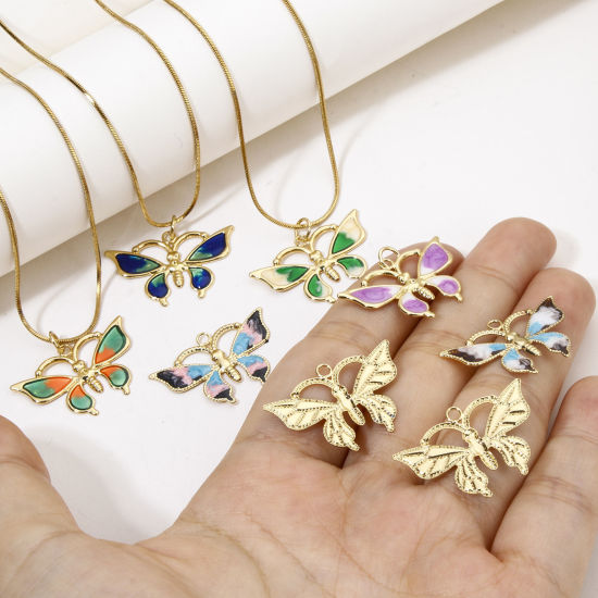 Immagine di 1 Pz Ecologico Ottone Insetto Ciondoli Farfalla 18K Vero Oro Placcato Multicolore Smalto