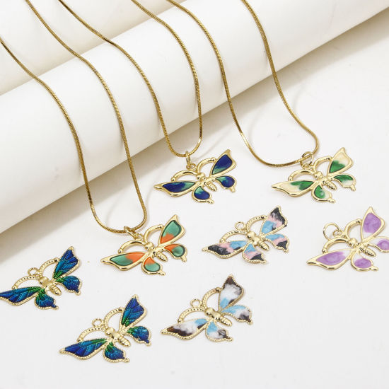 Immagine di 1 Pz Ecologico Ottone Insetto Ciondoli Farfalla 18K Vero Oro Placcato Multicolore Smalto