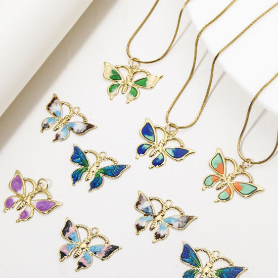 Immagine di 1 Pz Ecologico Ottone Insetto Ciondoli Farfalla 18K Vero Oro Placcato Multicolore Smalto