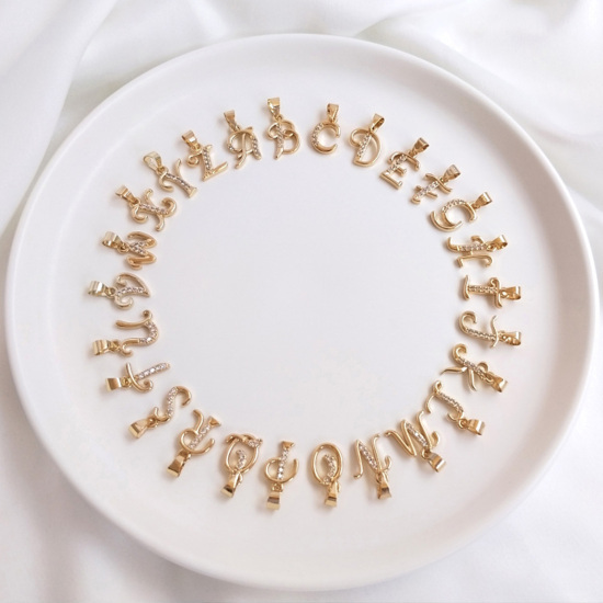 Image de 1 Pièce Pendentif Breloque en Laiton Respectueux de la Nature Alphabet Majuscule Lettre Initiale Plaqué Or Véritable 14K Micro Pave à Zircone Cubique Clair