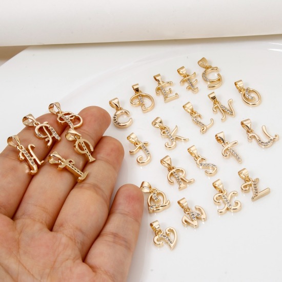 Image de 1 Pièce Pendentif Breloque en Laiton Respectueux de la Nature Alphabet Majuscule Lettre Initiale Plaqué Or Véritable 14K Micro Pave à Zircone Cubique Clair