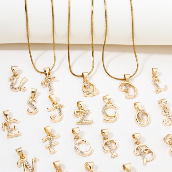 Image de 1 Pièce Pendentif Breloque en Laiton Respectueux de la Nature Alphabet Majuscule Lettre Initiale Plaqué Or Véritable 14K Micro Pave à Zircone Cubique Clair