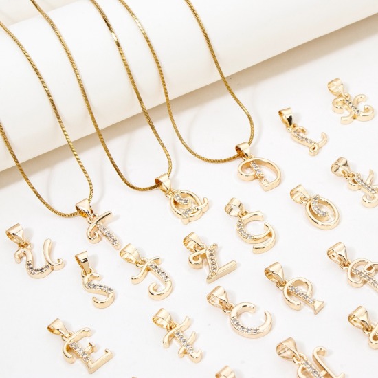 Image de 1 Pièce Pendentif Breloque en Laiton Respectueux de la Nature Alphabet Majuscule Lettre Initiale Plaqué Or Véritable 14K Micro Pave à Zircone Cubique Clair