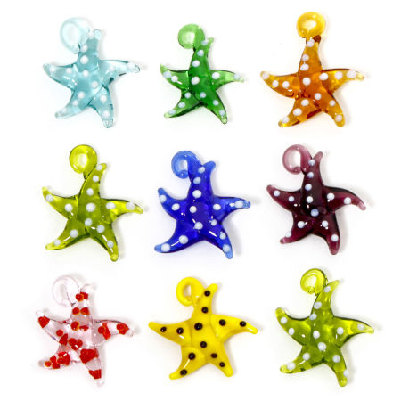 Lampwork Glass Ocean Jewelry Pendants Multicolor Star Fish Dot 3D 3cm x 2.8cm