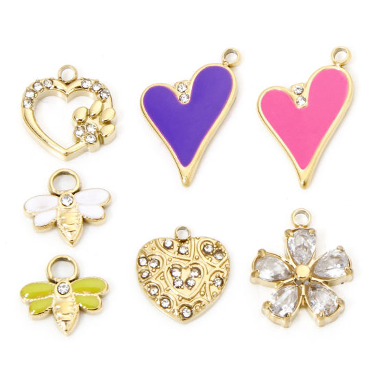 Picture of Vacuum Plating 304 Stainless Steel Exquisite Charms Gold Plated Multicolor Bee Animal Enamel Clear Rhinestone