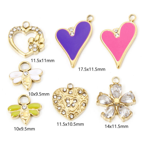 Picture of Vacuum Plating 304 Stainless Steel Exquisite Charms Gold Plated Multicolor Bee Animal Enamel Clear Rhinestone