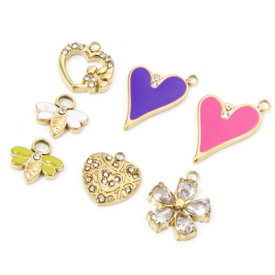 Picture of Vacuum Plating 304 Stainless Steel Exquisite Charms Gold Plated Multicolor Bee Animal Enamel Clear Rhinestone