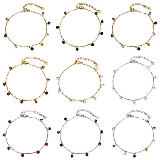 Picture of 304 Stainless Steel Link Cable Chain Anklet Multicolor Rhinestone 22cm(8.7") long