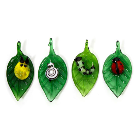 Lampwork Glass Insect Pendants Green Leaf 3D 5cm x 2.4cm