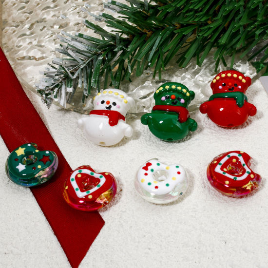 Image de 5 Pcs Perles pour DIY Fabrication de Bijoux en Acrylique Couleur Mélangée Au Hasard Bonhomme de Neige de Noël Émail