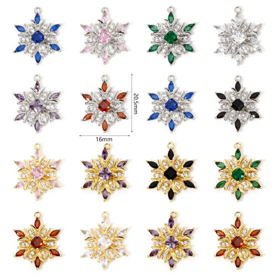 Bild von 1 Stück Umweltfreundlich Messing Weihnachten Charms Echtgold plattiert Weihnachten Schneeflocke Klar Zirkonia Bunt Strass 20,5mm x 16mm