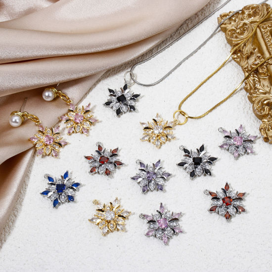 Bild von 1 Stück Umweltfreundlich Messing Weihnachten Charms Echtgold plattiert Weihnachten Schneeflocke Klar Zirkonia Bunt Strass 20,5mm x 16mm