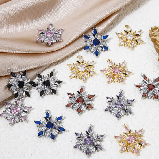 Bild von 1 Stück Umweltfreundlich Messing Weihnachten Charms Echtgold plattiert Weihnachten Schneeflocke Klar Zirkonia Bunt Strass 20,5mm x 16mm