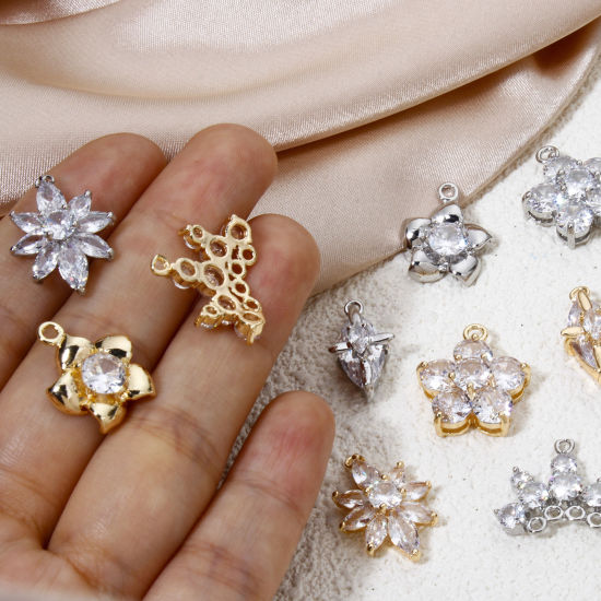 Image de 1 Pièce Breloques en Laiton Respectueux de la Nature Fleur Plaqué Or Véritable à Strass Transparent