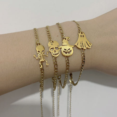 Vacuum Plating Simple & Casual Cute 304 Stainless Steel Figaro Chain Halloween Pumpkin Skull Hollow Charm Bracelets Unisex Halloween