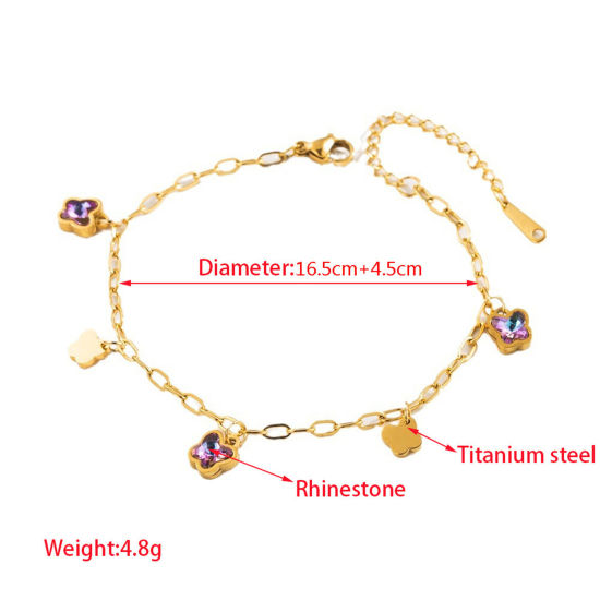 Picture of Vacuum Plating Sweet & Cute Ins Style 18K Gold Plated 304 Stainless Steel & Rhinestone Link Cable Chain Heart Drop Charm Bracelets For Women Party