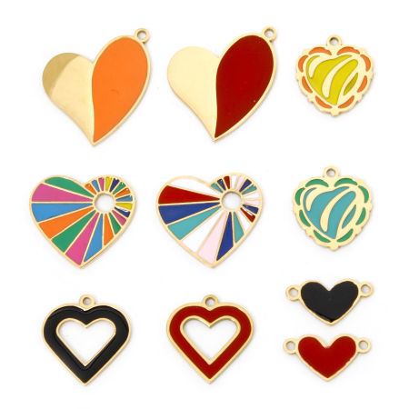 2 個 真空メッキ 304ステンレス鋼 バレンタイン・デー チャーム ハート 金メッキ 多色 エナメル