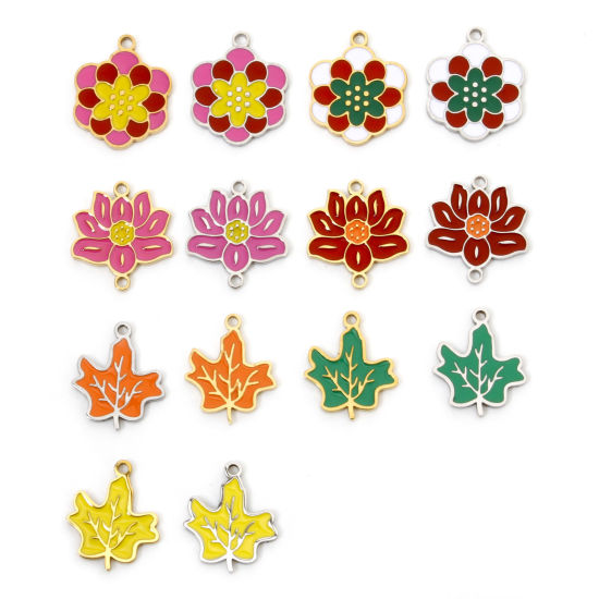 Picture of Eco-friendly 304 Stainless Steel Pastoral Style Charms Multicolor Maple Leaf Flower Enamel