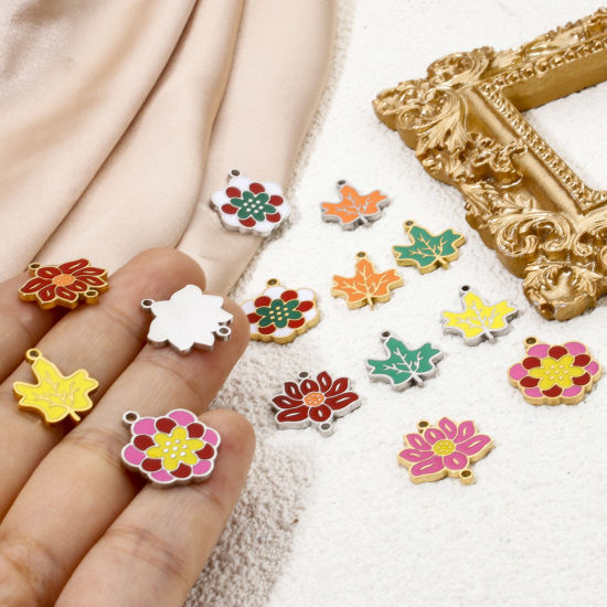 Picture of Eco-friendly 304 Stainless Steel Pastoral Style Charms Multicolor Maple Leaf Flower Enamel