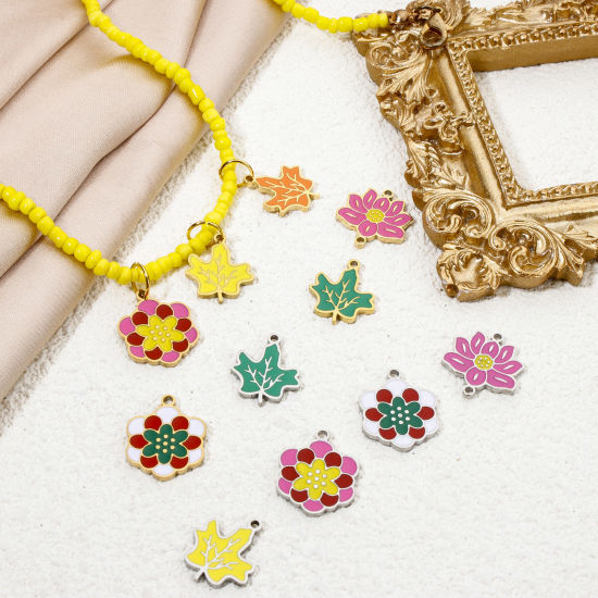 Picture of Eco-friendly 304 Stainless Steel Pastoral Style Charms Multicolor Maple Leaf Flower Enamel