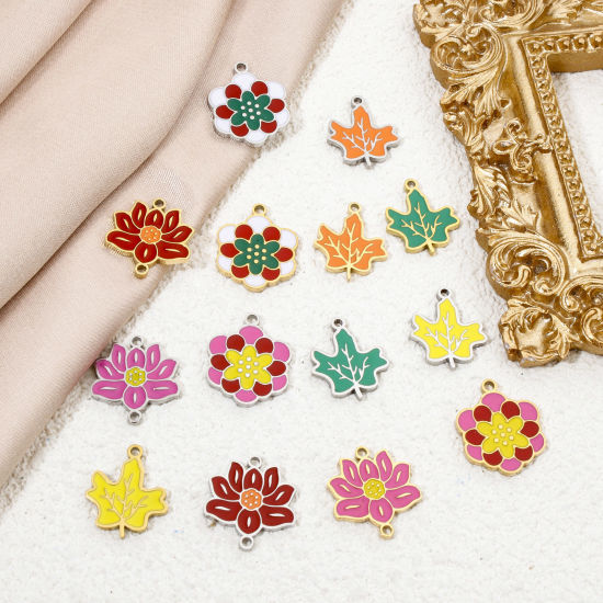 Picture of Eco-friendly 304 Stainless Steel Pastoral Style Charms Multicolor Maple Leaf Flower Enamel