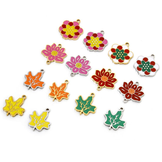 Picture of Eco-friendly 304 Stainless Steel Pastoral Style Charms Multicolor Maple Leaf Flower Enamel