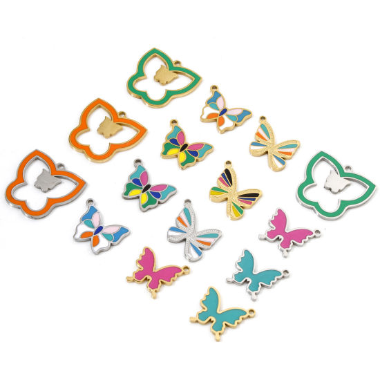 Image de 2 Pcs Breloques en 304 Acier Inoxydable Respectueux de la Nature Insecte Papillon Multicolore Émail