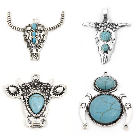 Imagen de 2 Unidades Zamak Bohemia Colgantes Plata Antigua Cabeza de Toro/Cabeza de Vaca Luna Creciente Con Resina Cabochons Imitación Turquesa